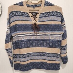 Chaps Lace Up Striped Woman’s Sweater Western Aztec Blue Tan Large